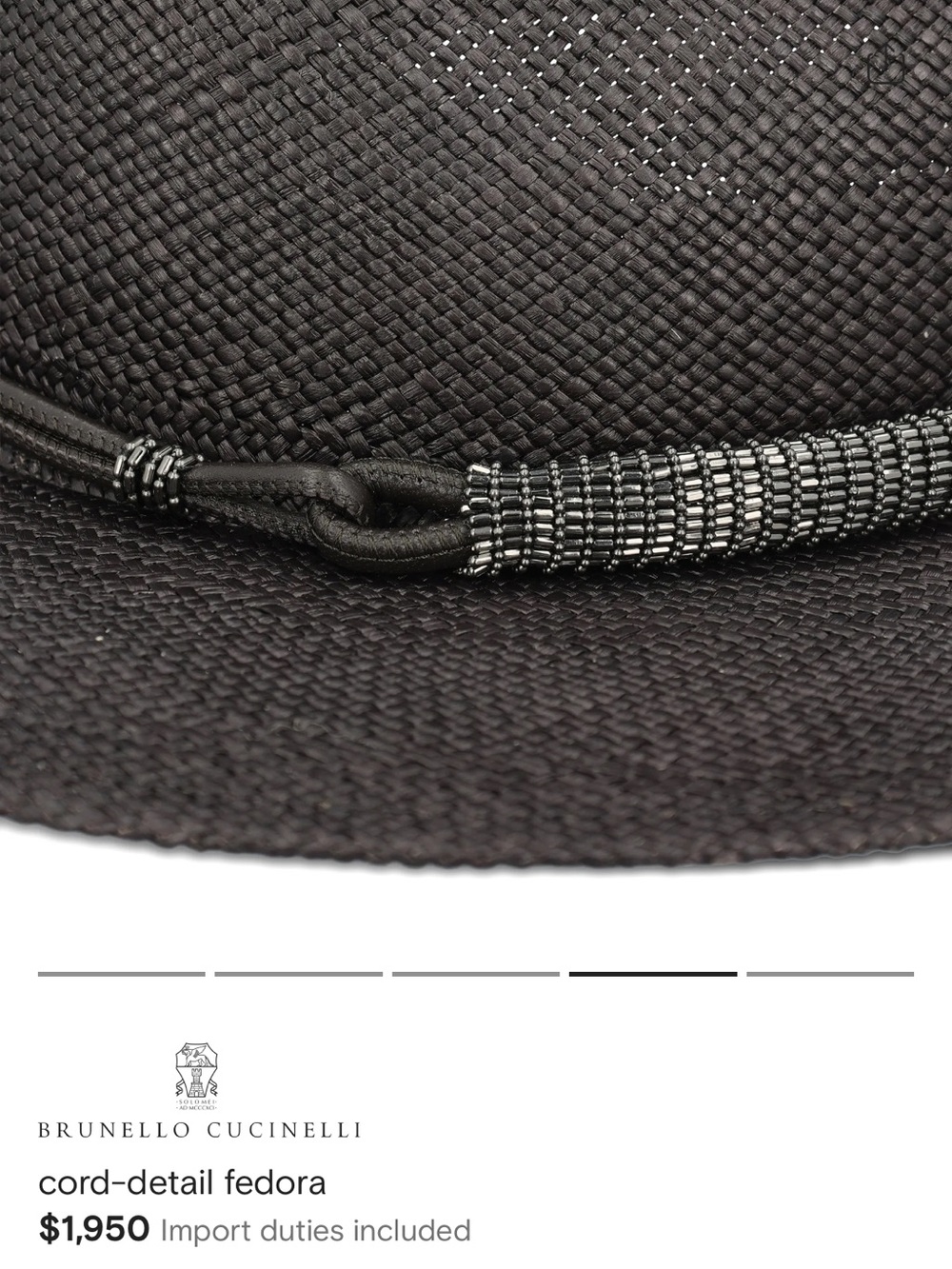 Brunello Cucinelli Charcoal Gray Straw Fedora with Cord Trim